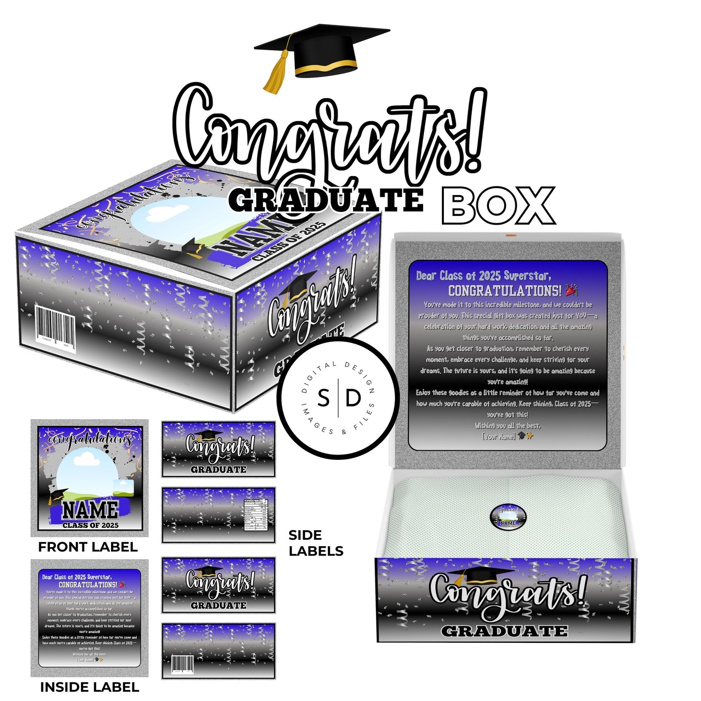 š Class of 2025 Graduation Gift Box & Party Favor Canva Templates ā Blue & Silver š