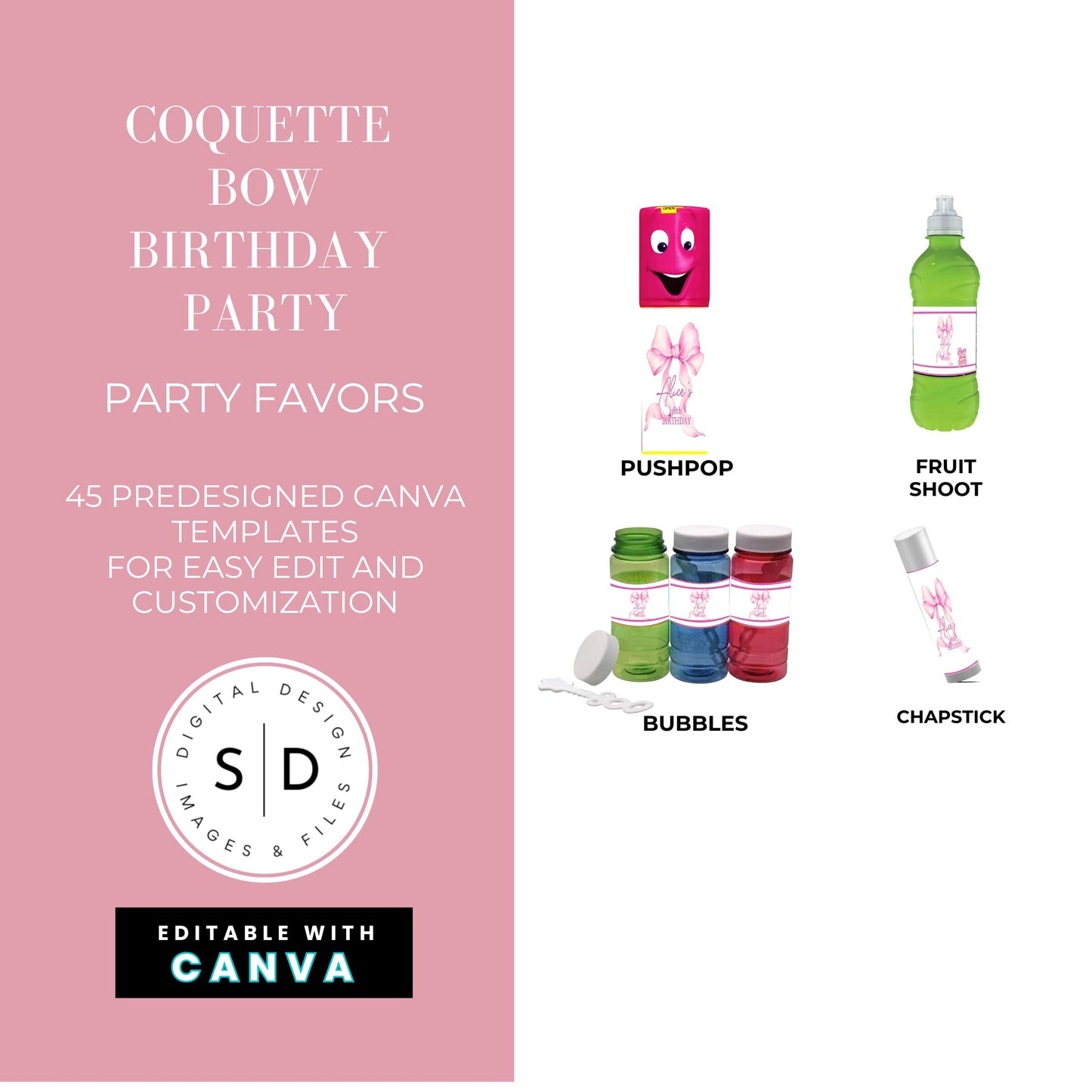Pink Coquette Bow Party Favor Canva Template Bundle 🎀✨