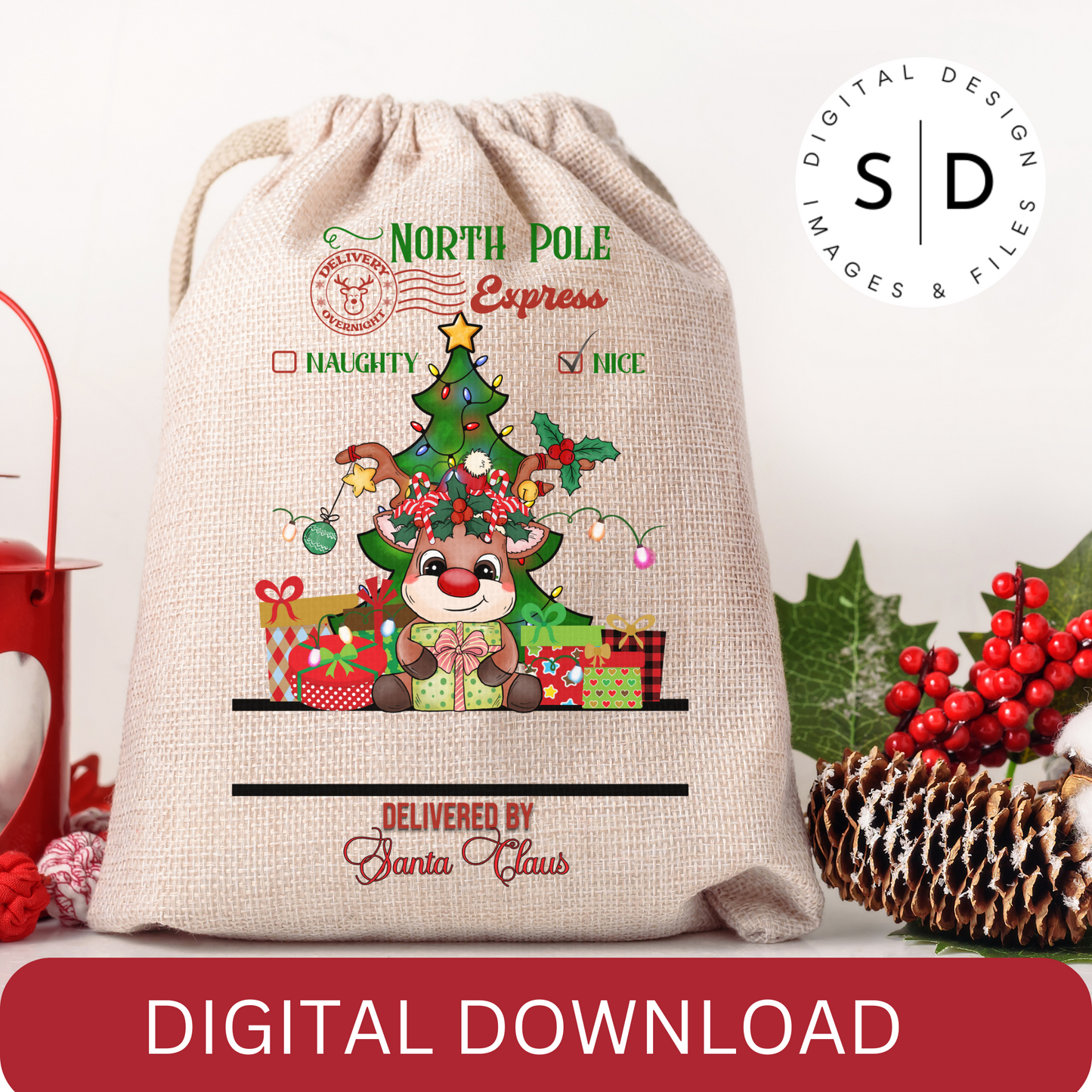 Reindeer Girl Santa Sack PNG