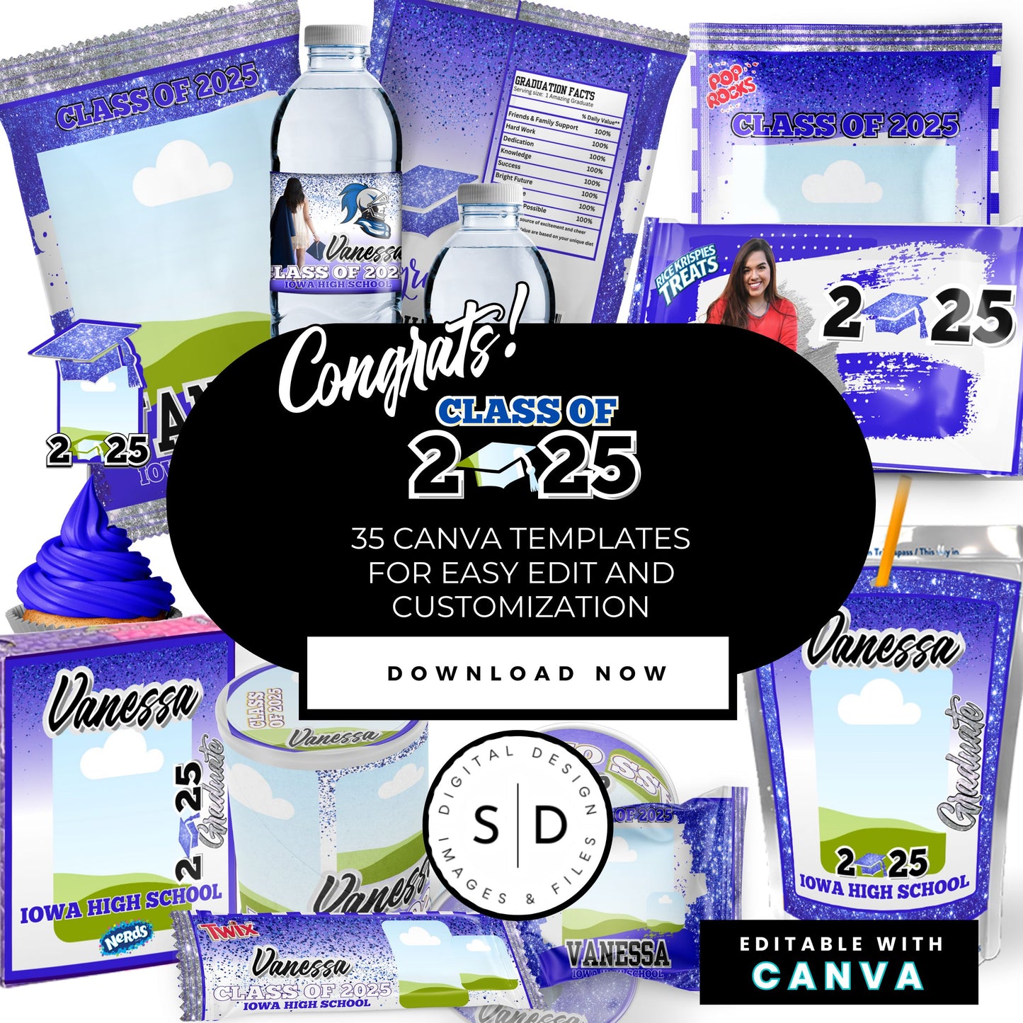 Congrats Class of 2025 – Blue & Silver Graduation Party Favor Bundle
