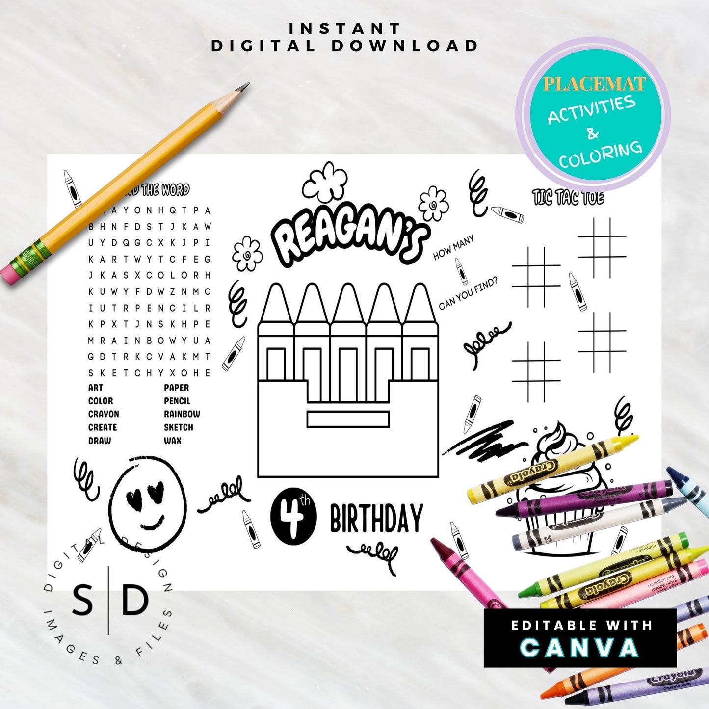 Crayon Birthday Party Activity Sheet – Editable Canva Template