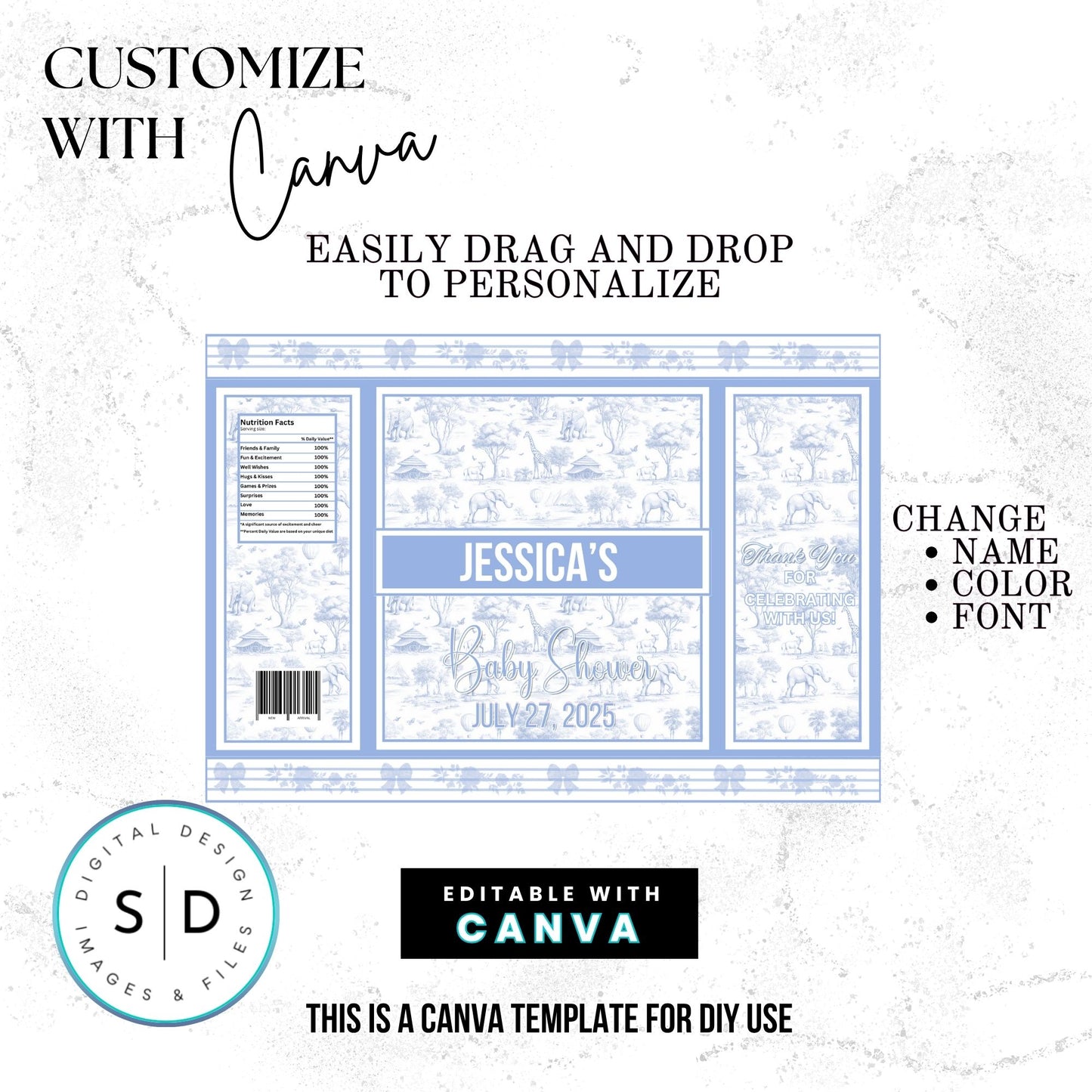 🦁 Safari Toile de Jouy Baby Shower Bundle – Dusty Blue Edition