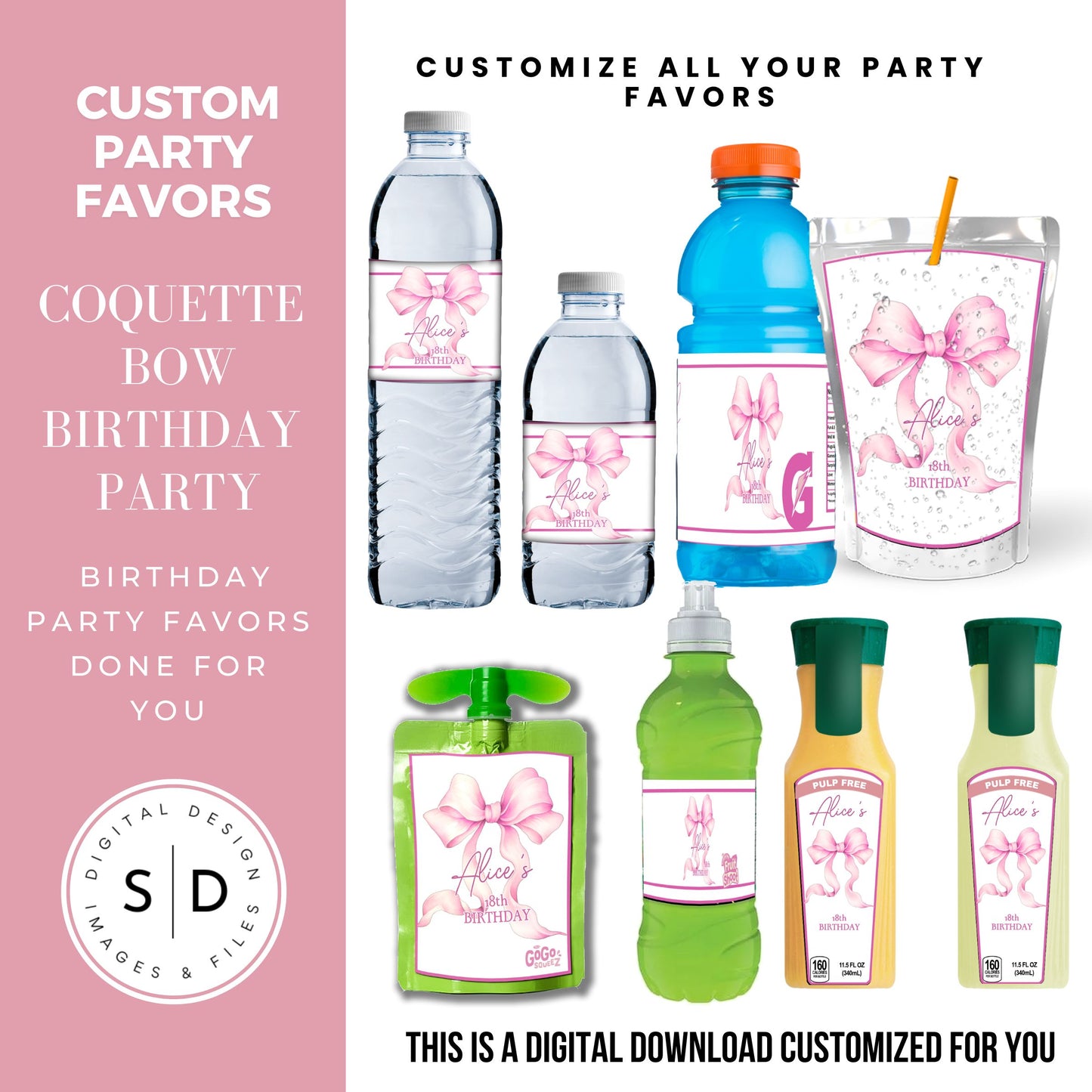 Pink Coquette Bow Party Favor Canva Template Bundle 🎀✨