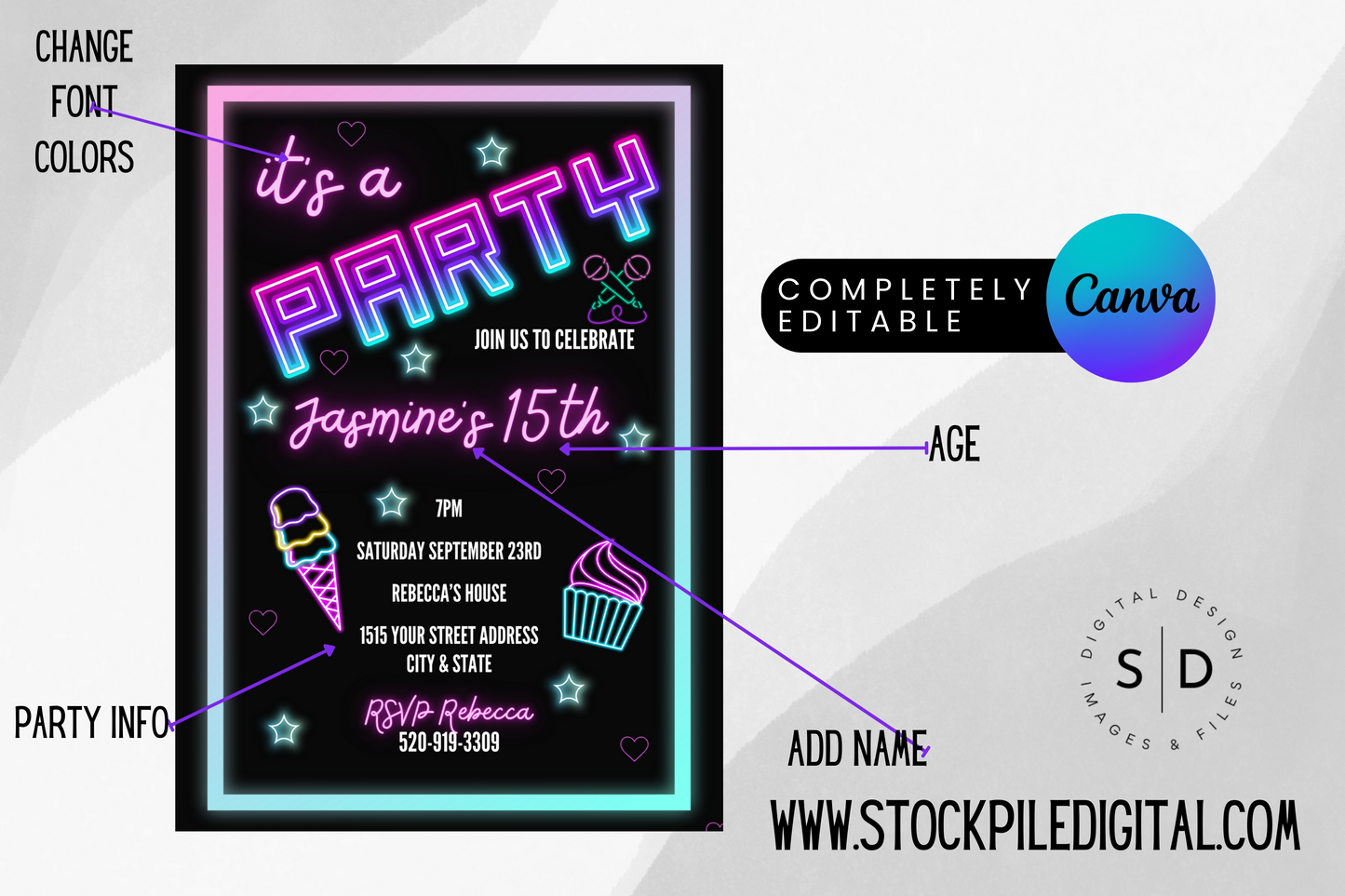 It's a Party Neon Light Digital Birthday Invitation