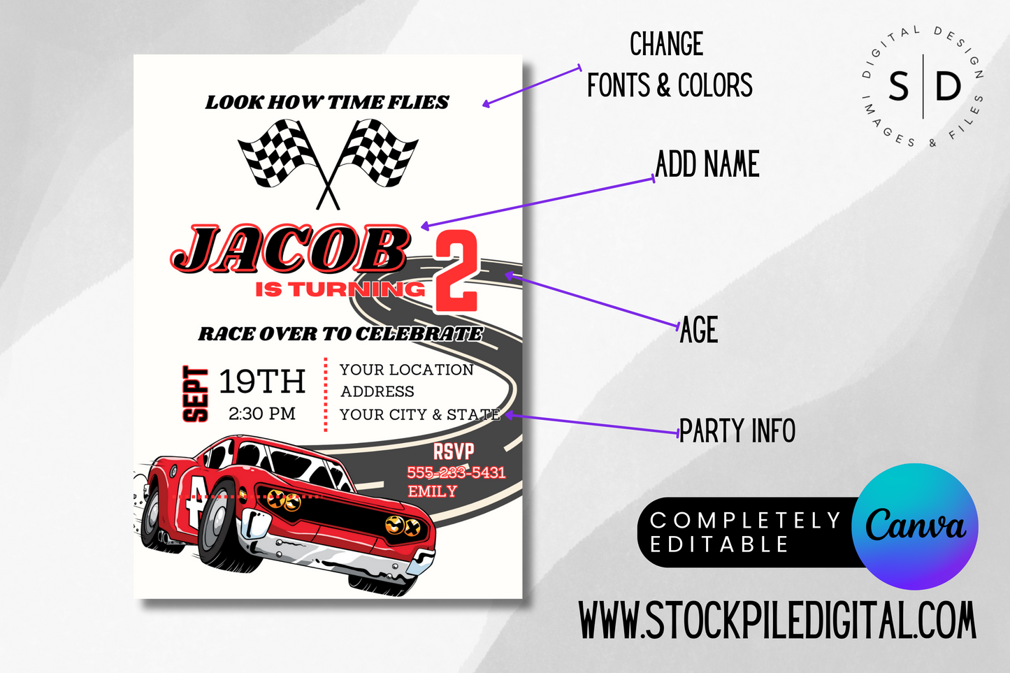 Time Flies Racecar Birthday Party Invitation