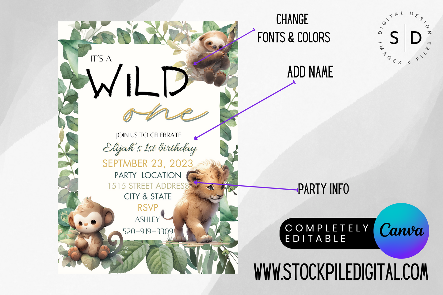 Wild One Jungle Safari 1st Birthday Party Invitation