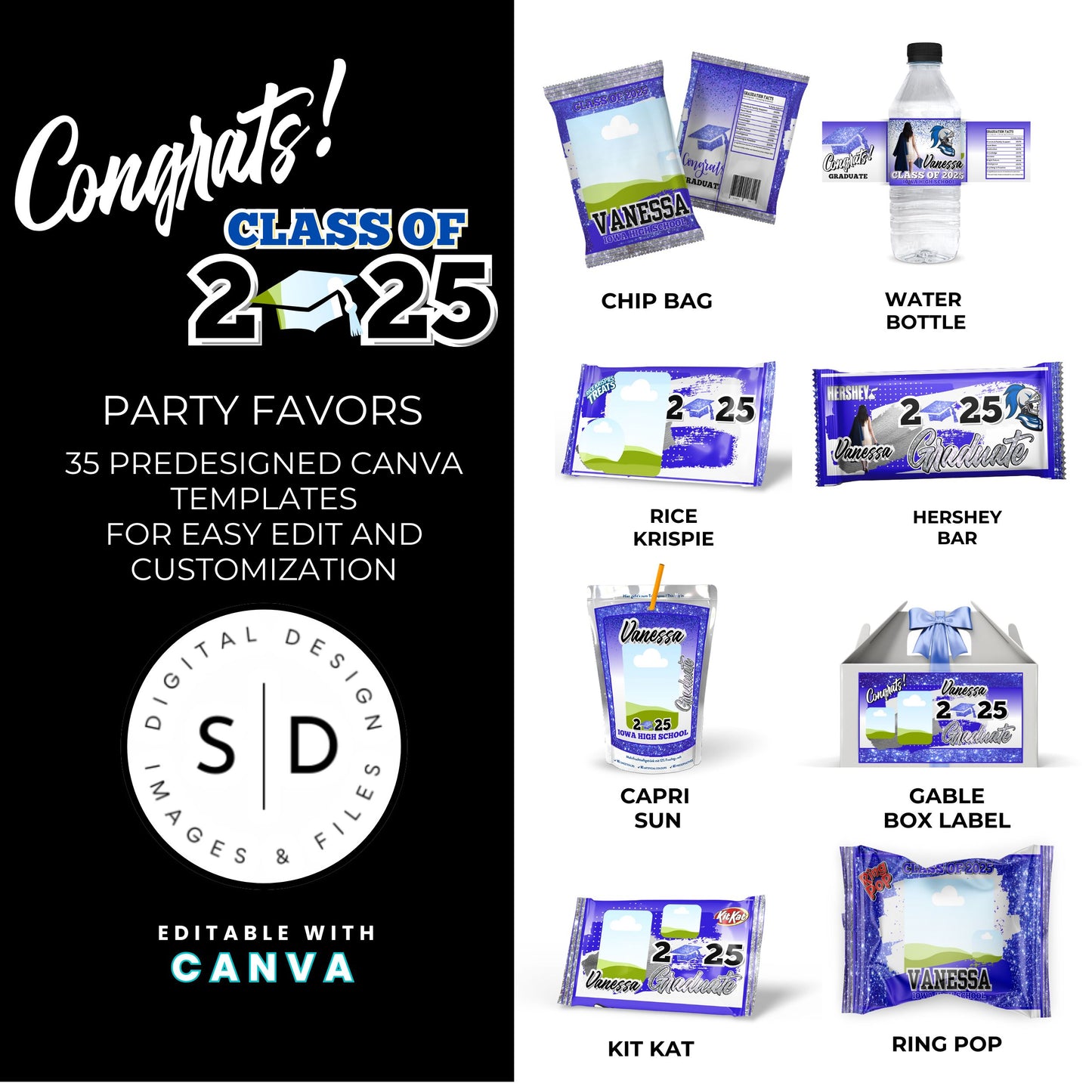 Congrats Class of 2025 – Blue & Silver Graduation Party Favor Bundle