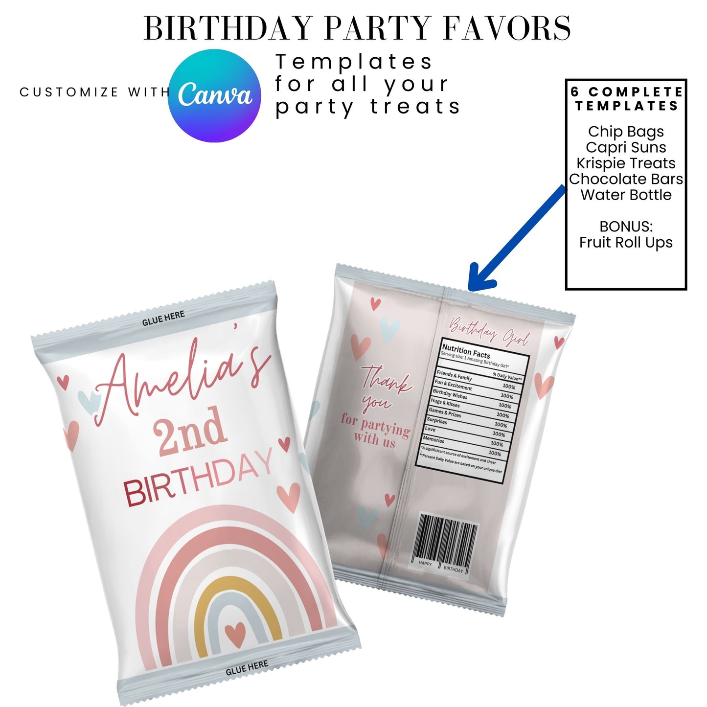 Rainbow Birthday Hearts Party Favor Templates Bundle