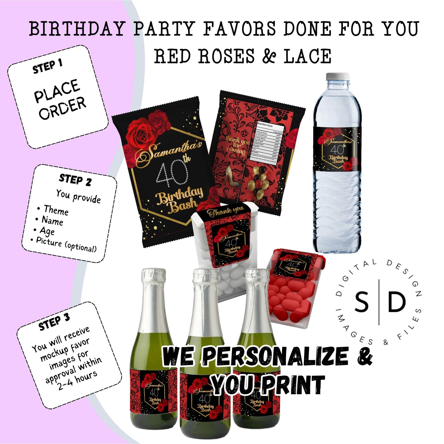 Red Roses & Black Lace Party Favors DFY