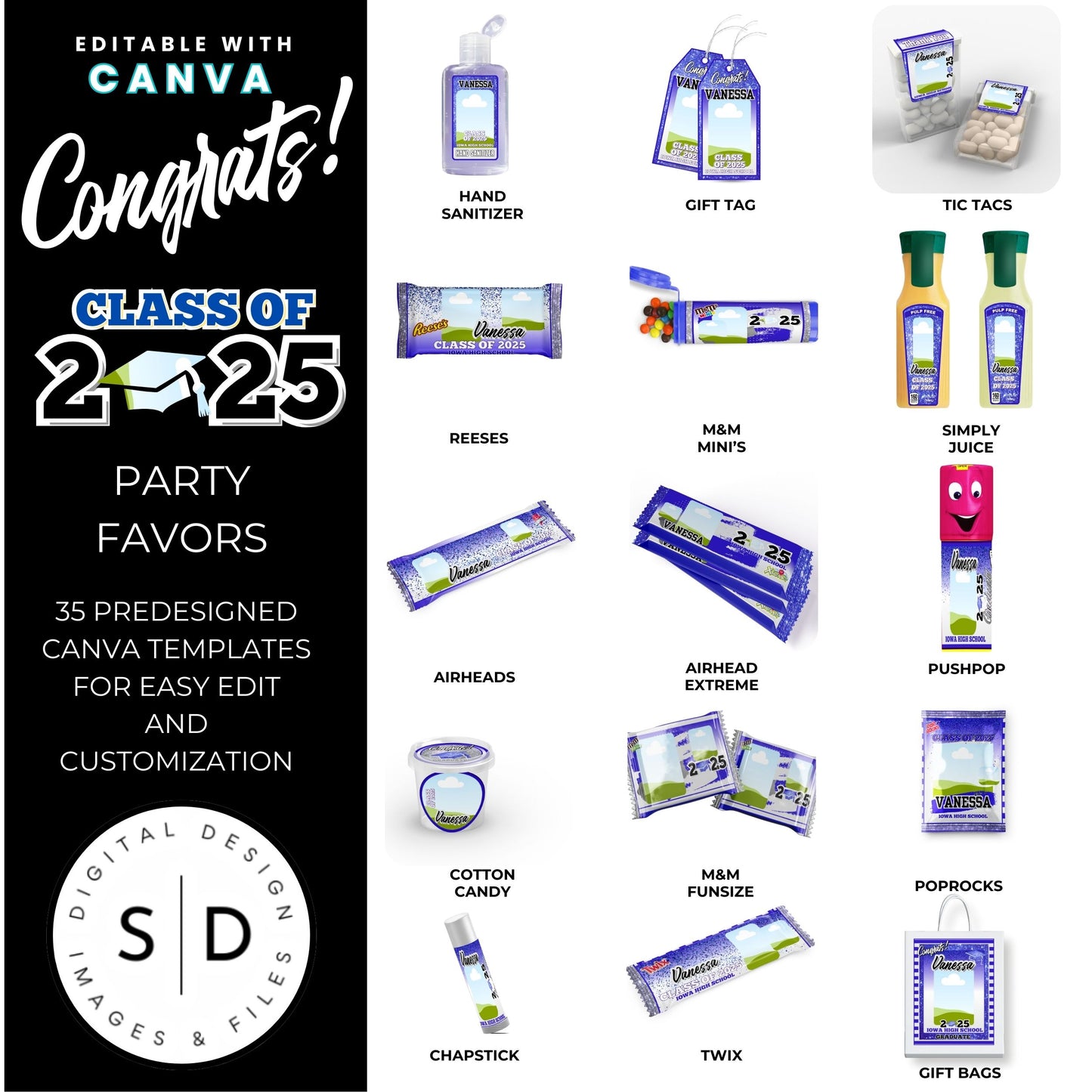 Congrats Class of 2025 – Blue & Silver Graduation Party Favor Bundle