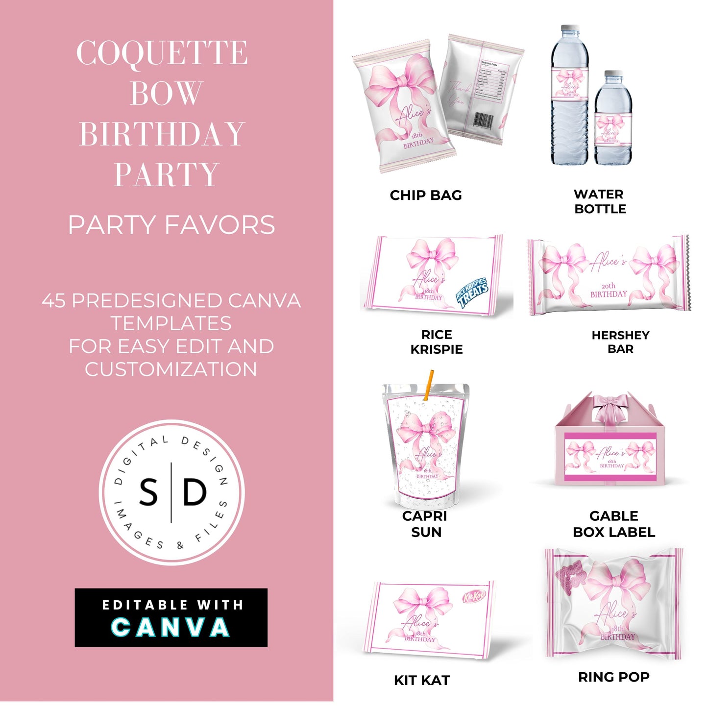 Pink Coquette Bow Party Favor Canva Template Bundle 🎀✨