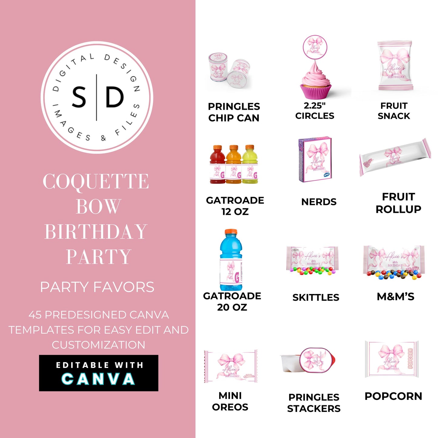 Pink Coquette Bow Party Favor Canva Template Bundle 🎀✨
