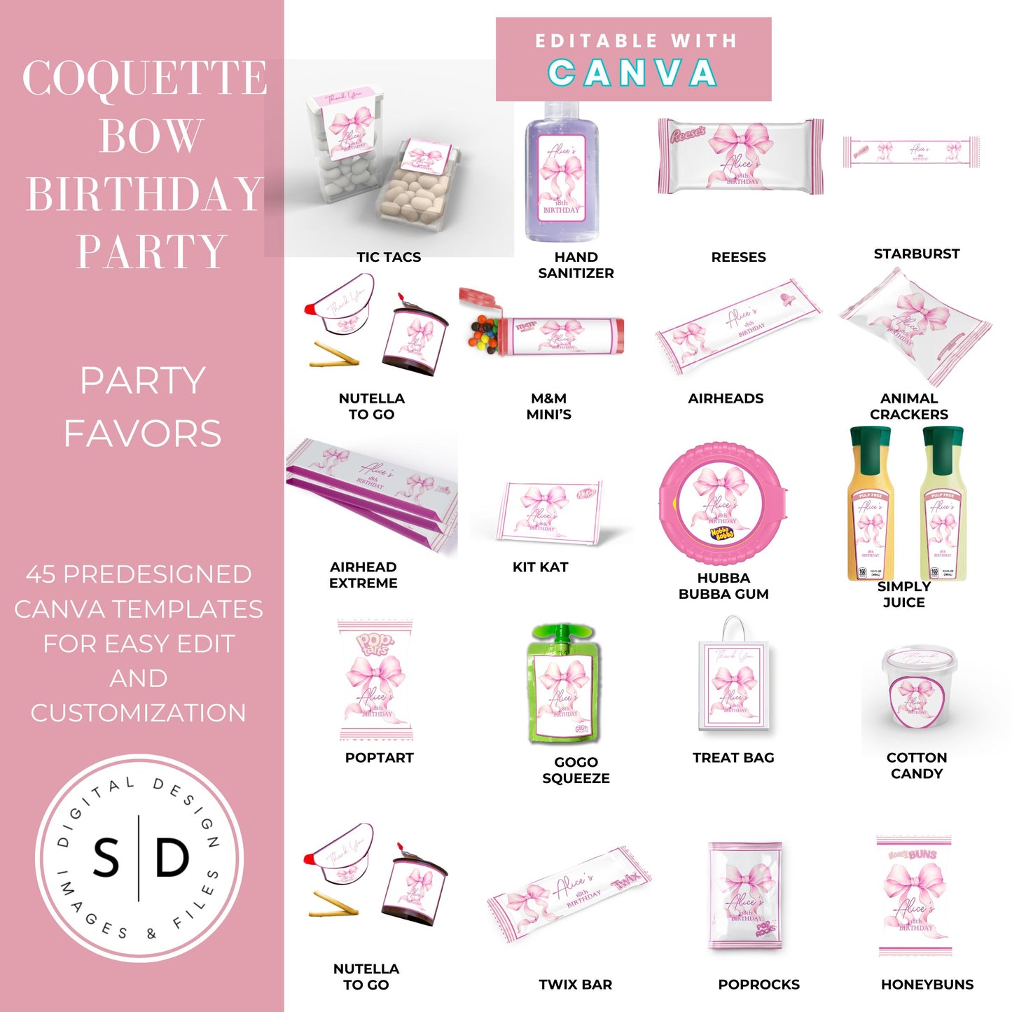 Pink Coquette Bow Party Favor Canva Template Bundle 🎀✨