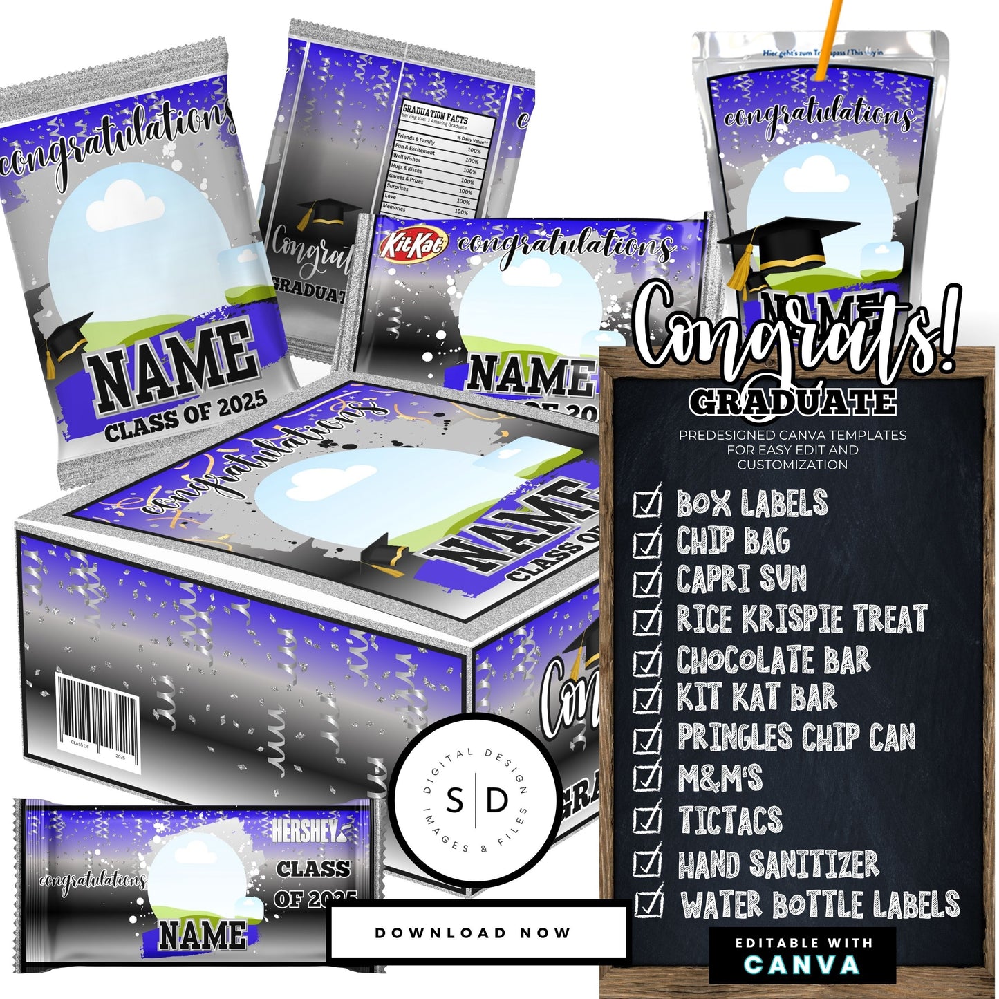š Class of 2025 Graduation Gift Box & Party Favor Canva Templates ā Blue & Silver š