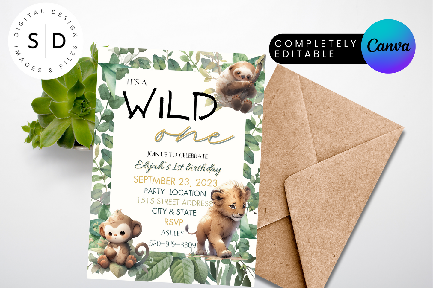 Wild One Jungle Safari 1st Birthday Party Invitation