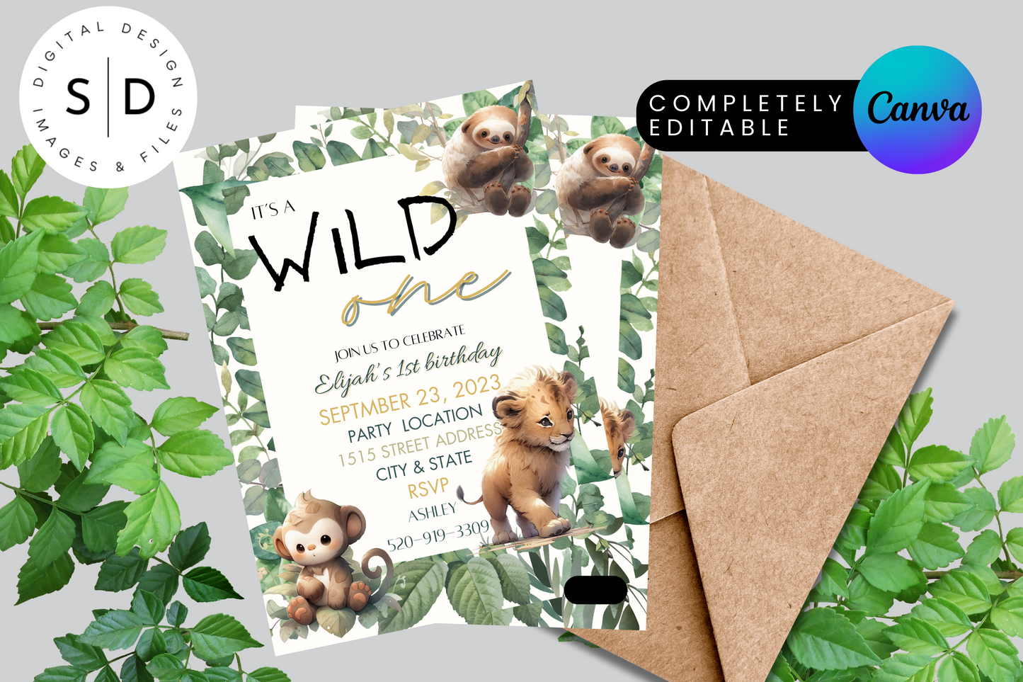 Wild One Jungle Safari 1st Birthday Party Invitation