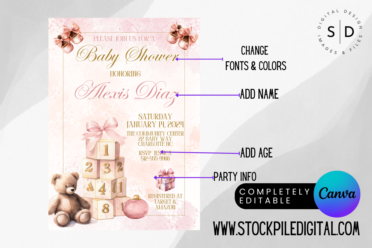Blush Pink & Gold Bear Baby Shower Invitation