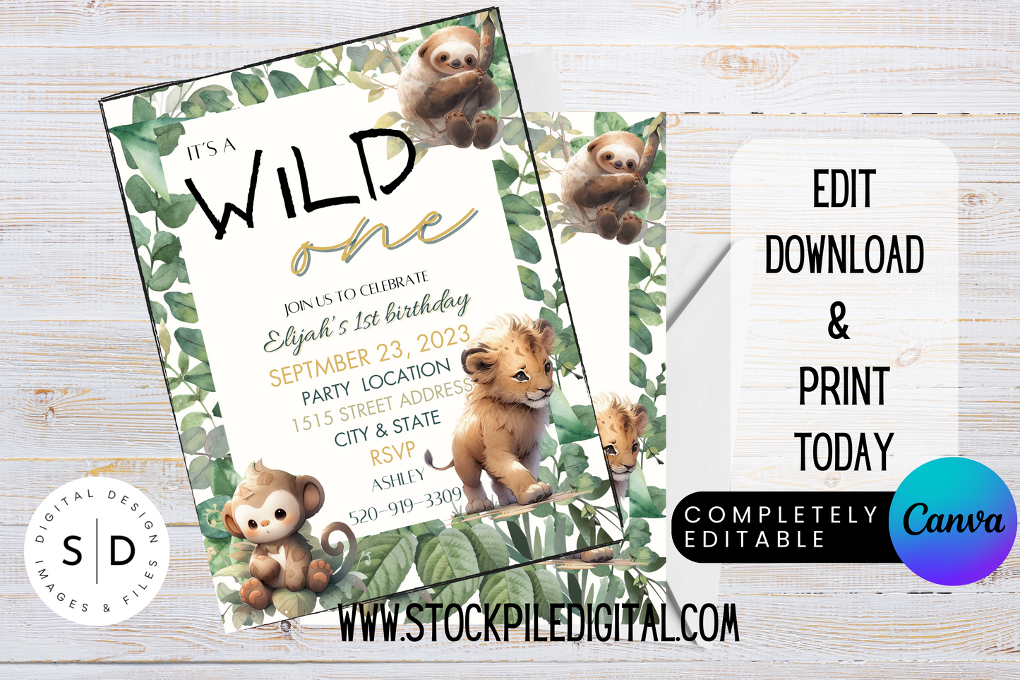 Wild One Jungle Safari 1st Birthday Party Invitation