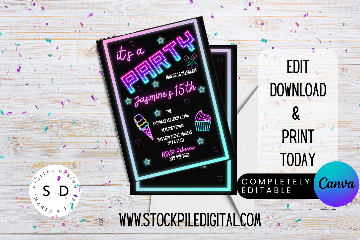 It's a Party Neon Light Digital Birthday Invitation
