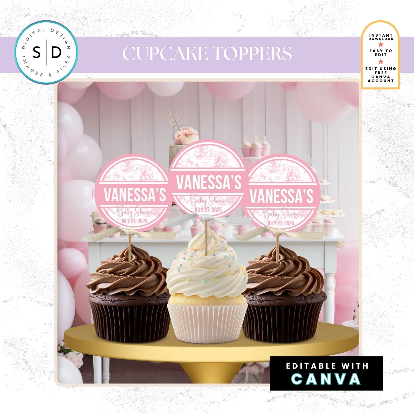 🌸 Safari Toile de Jouy Baby Shower Bundle – Editable Canva Templates 🌸