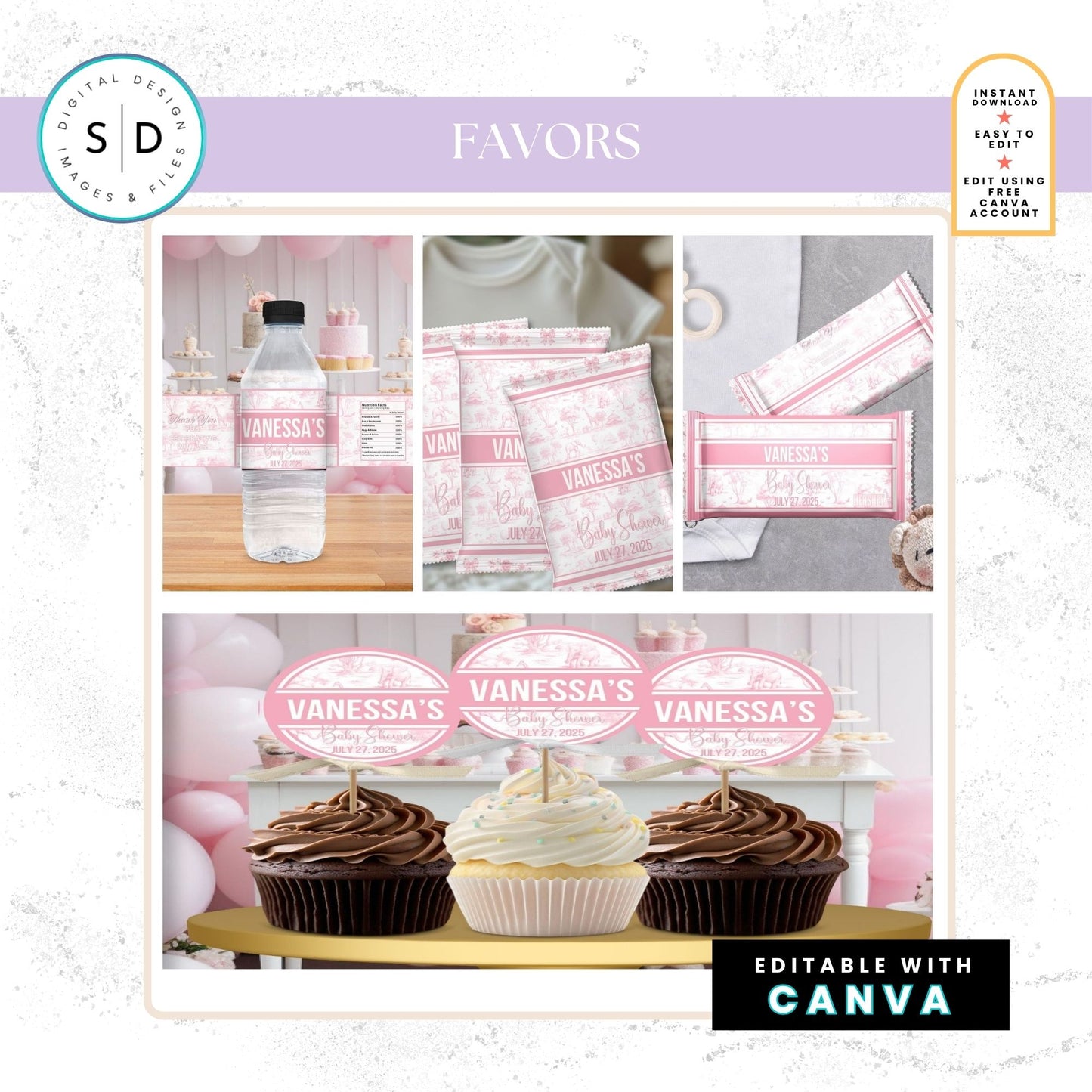 🌸 Safari Toile de Jouy Baby Shower Bundle – Editable Canva Templates 🌸