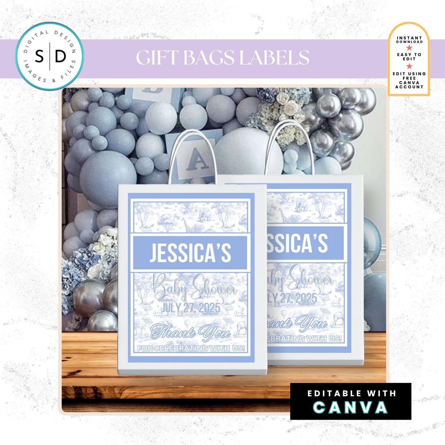 🦁 Safari Toile de Jouy Baby Shower Bundle – Dusty Blue Edition