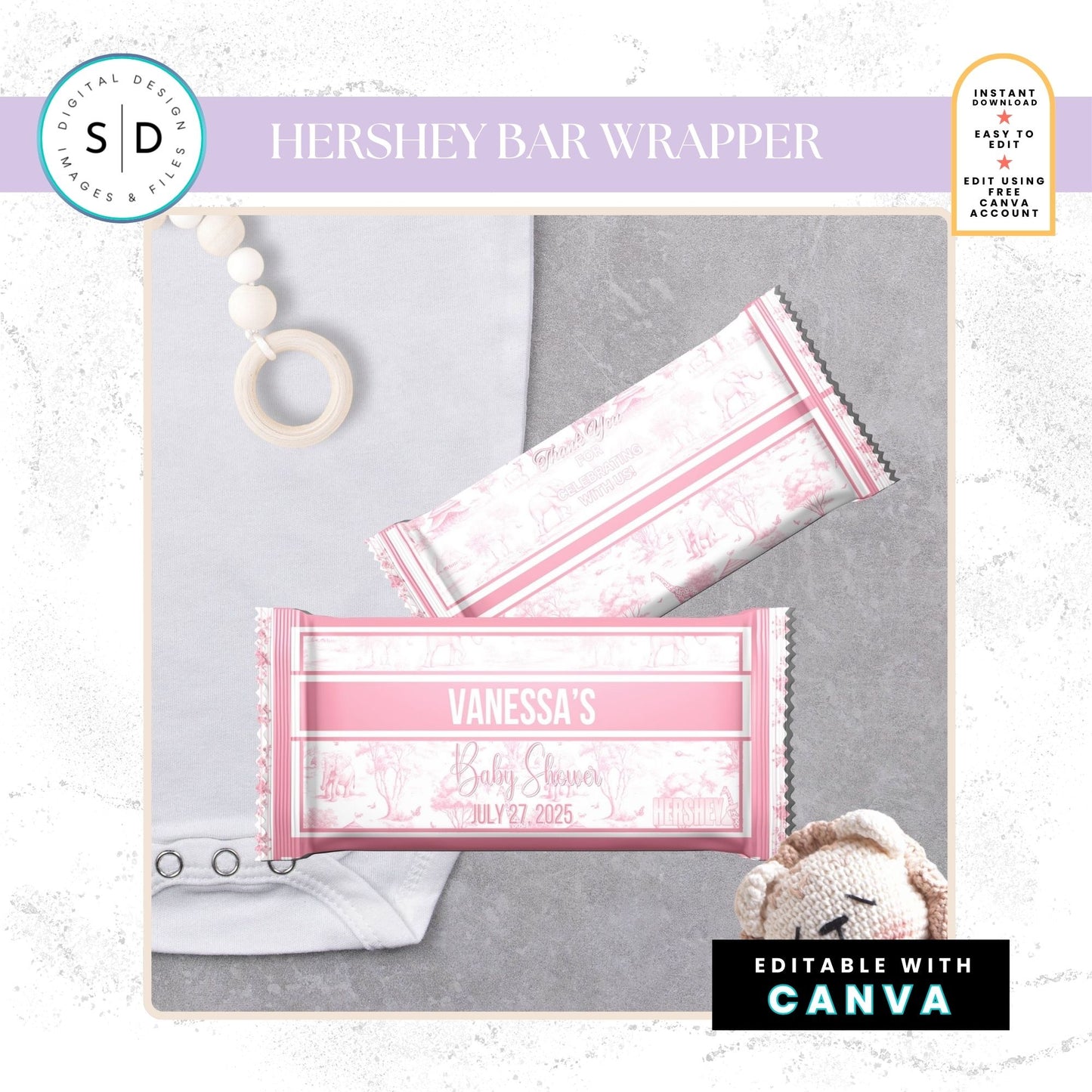 🌸 Safari Toile de Jouy Baby Shower Bundle – Editable Canva Templates 🌸