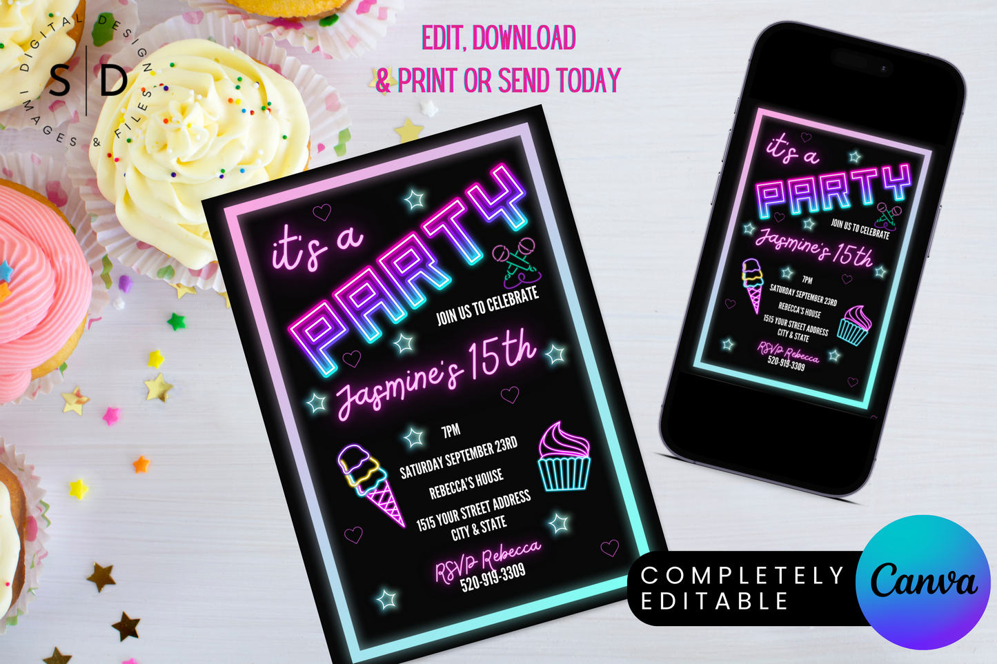 It's a Party Neon Light Digital Birthday Invitation