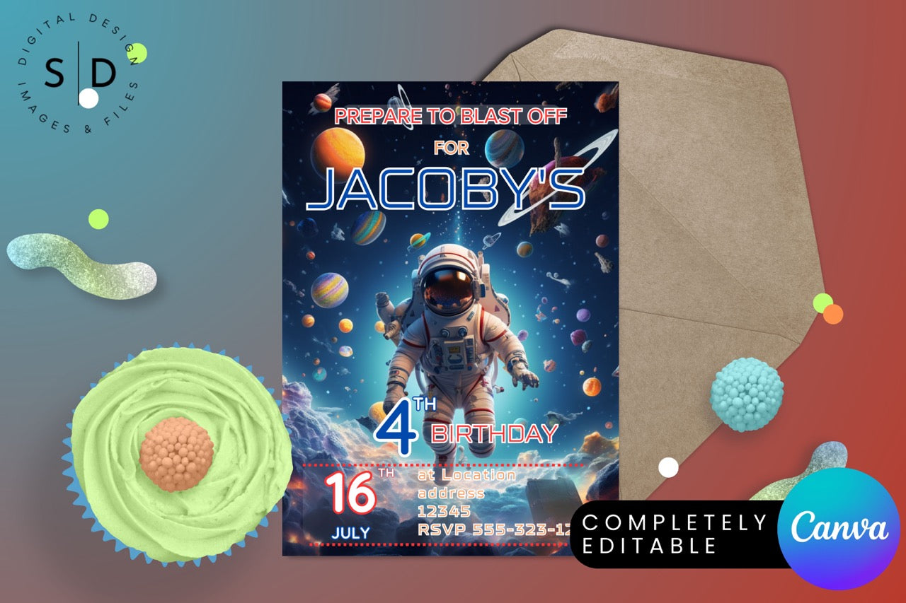 Blast into Space Astronaut Birthday Invitation