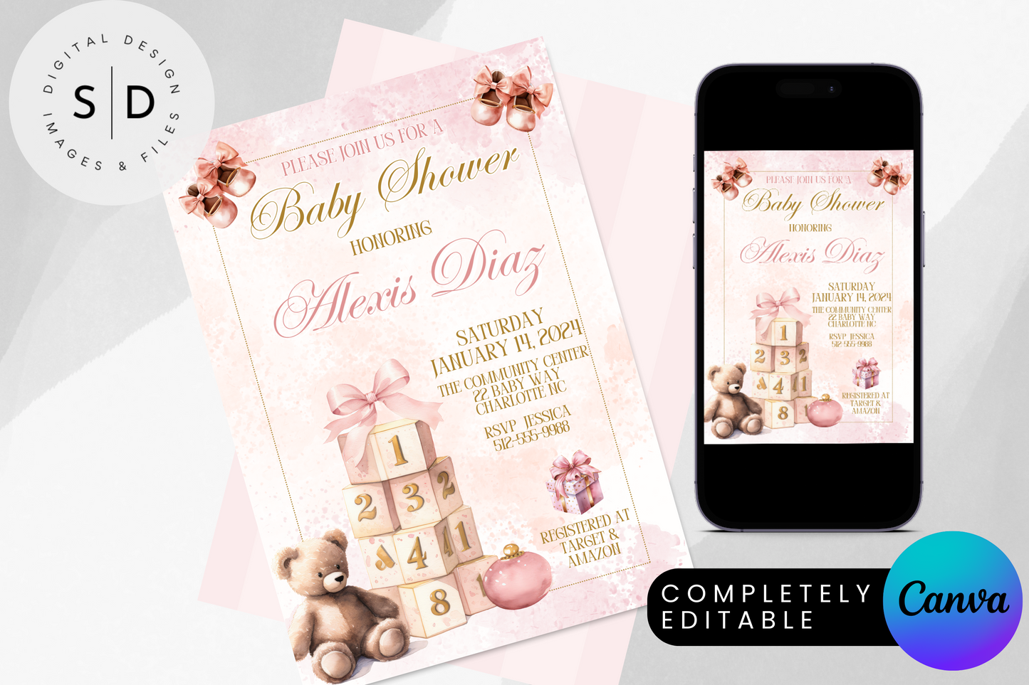 Blush Pink & Gold Bear Baby Shower Invitation