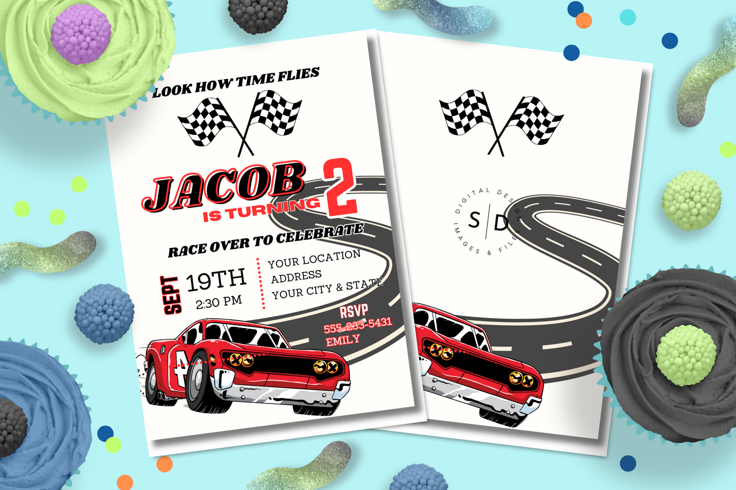 Time Flies Racecar Birthday Party Invitation