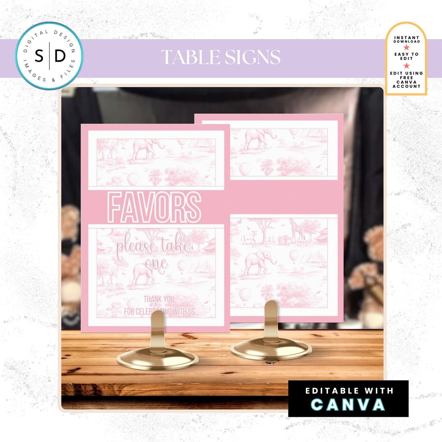 🌸 Safari Toile de Jouy Baby Shower Bundle – Editable Canva Templates 🌸