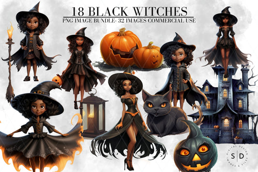 Black Witch Clip Art Bundle (32 Images)