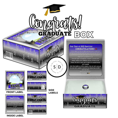 🎓 Class of 2025 Graduation Gift Box & Party Favor Canva Templates – Blue & Silver 🎉