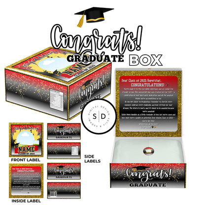 🎓 Class of 2025 Graduation Gift Box & Party Favor Canva Templates – Red & Gold 🎉