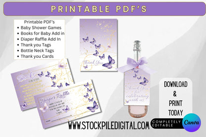 Purple Watercolor Butterfly Baby Shower Bundle