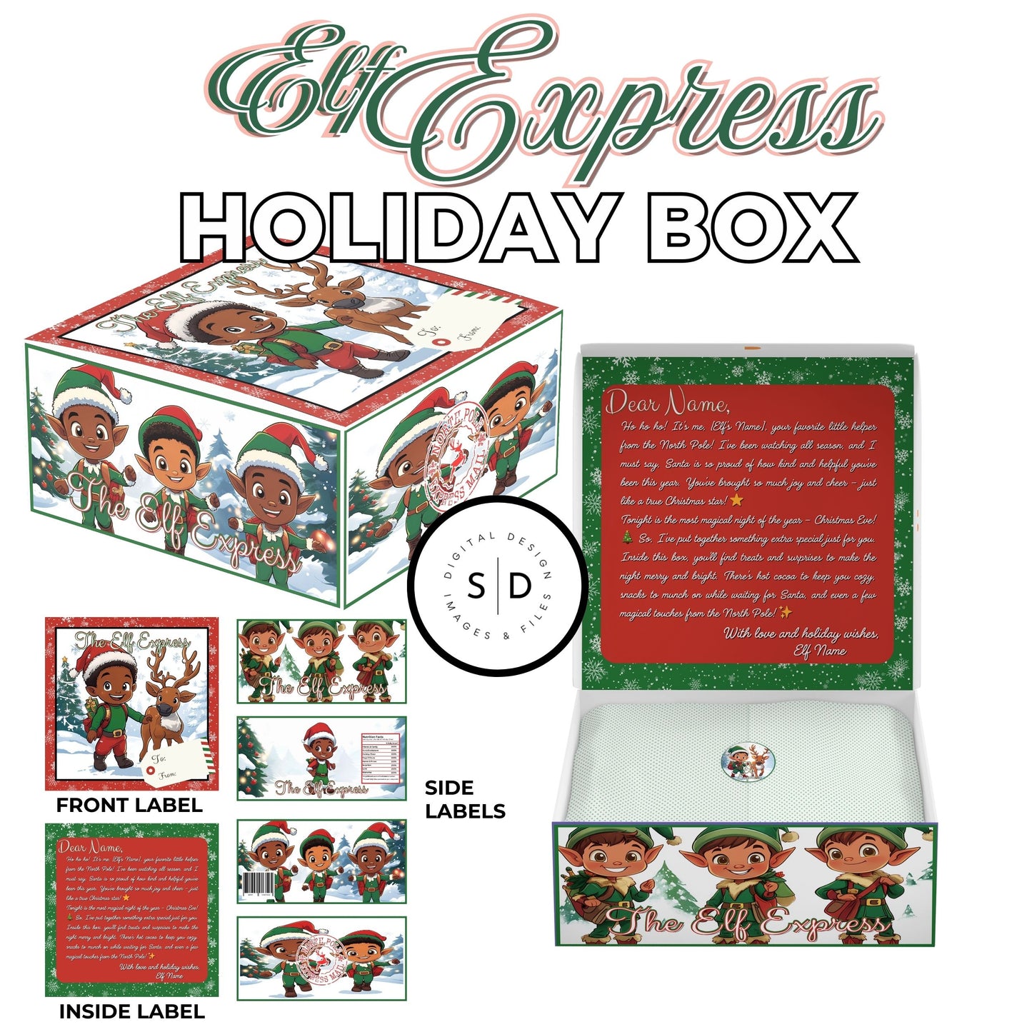 Elf Boy Express Christmas Eve Gift Box Canva Template Bundle