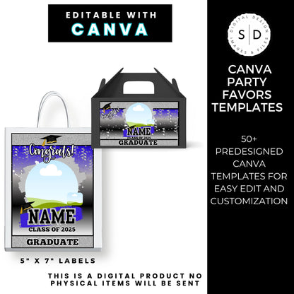 Class of 2025 Graduation Silver Party Favor Canva Template Bundle 🎓✨