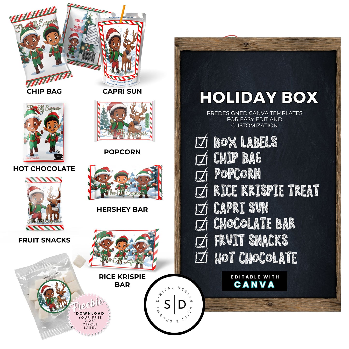 Elf Boy Express Christmas Eve Gift Box Canva Template Bundle