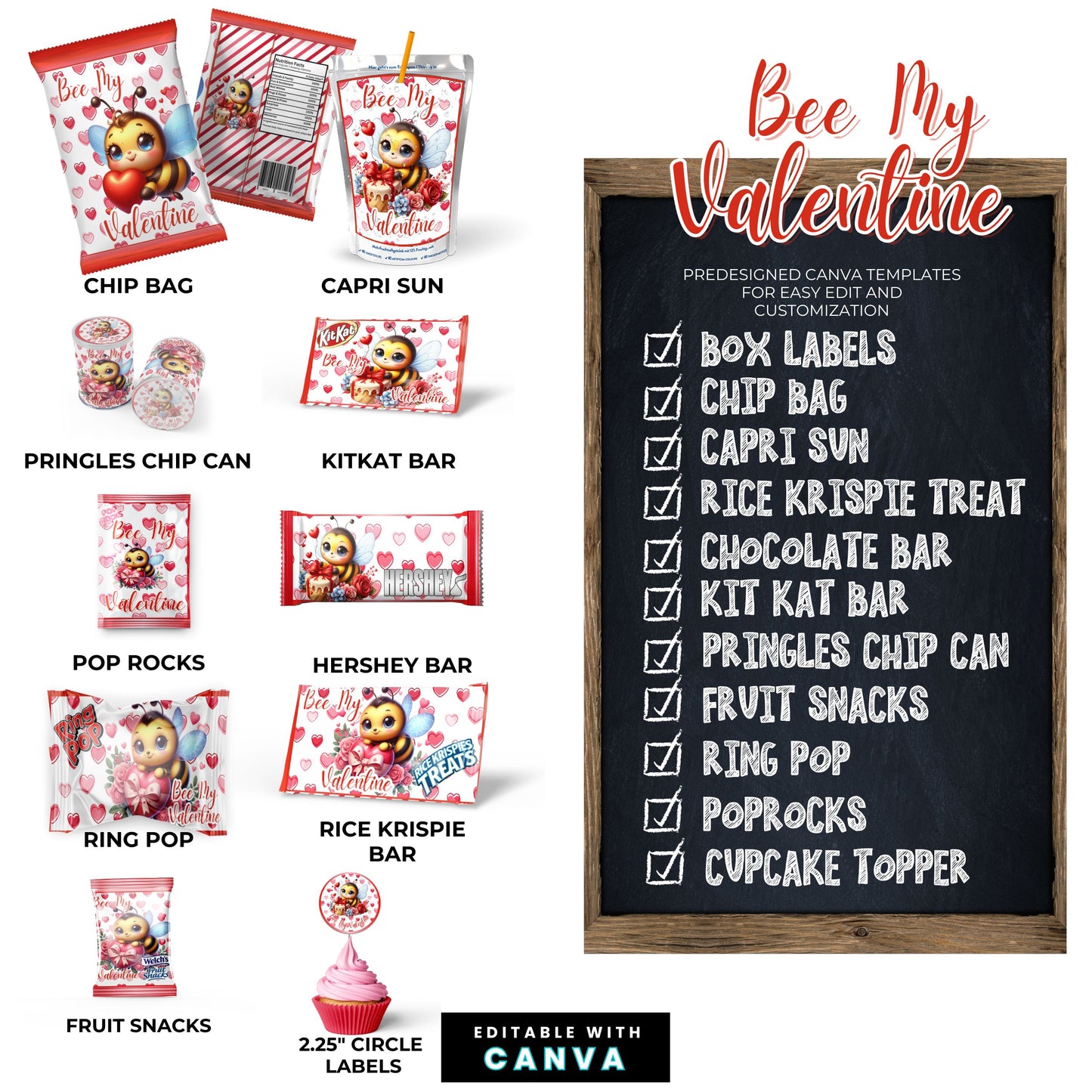 🐝 Bee My Valentine’s Day Gift Box & Party Favor Canva Templates 💝