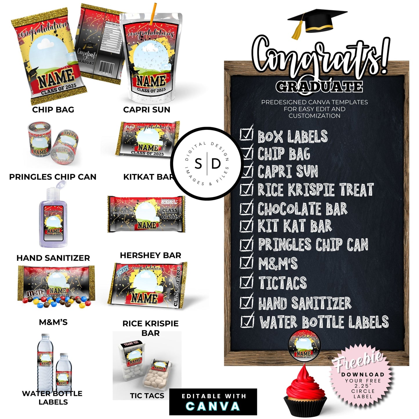 🎓 Class of 2025 Graduation Gift Box & Party Favor Canva Templates – Red & Gold 🎉