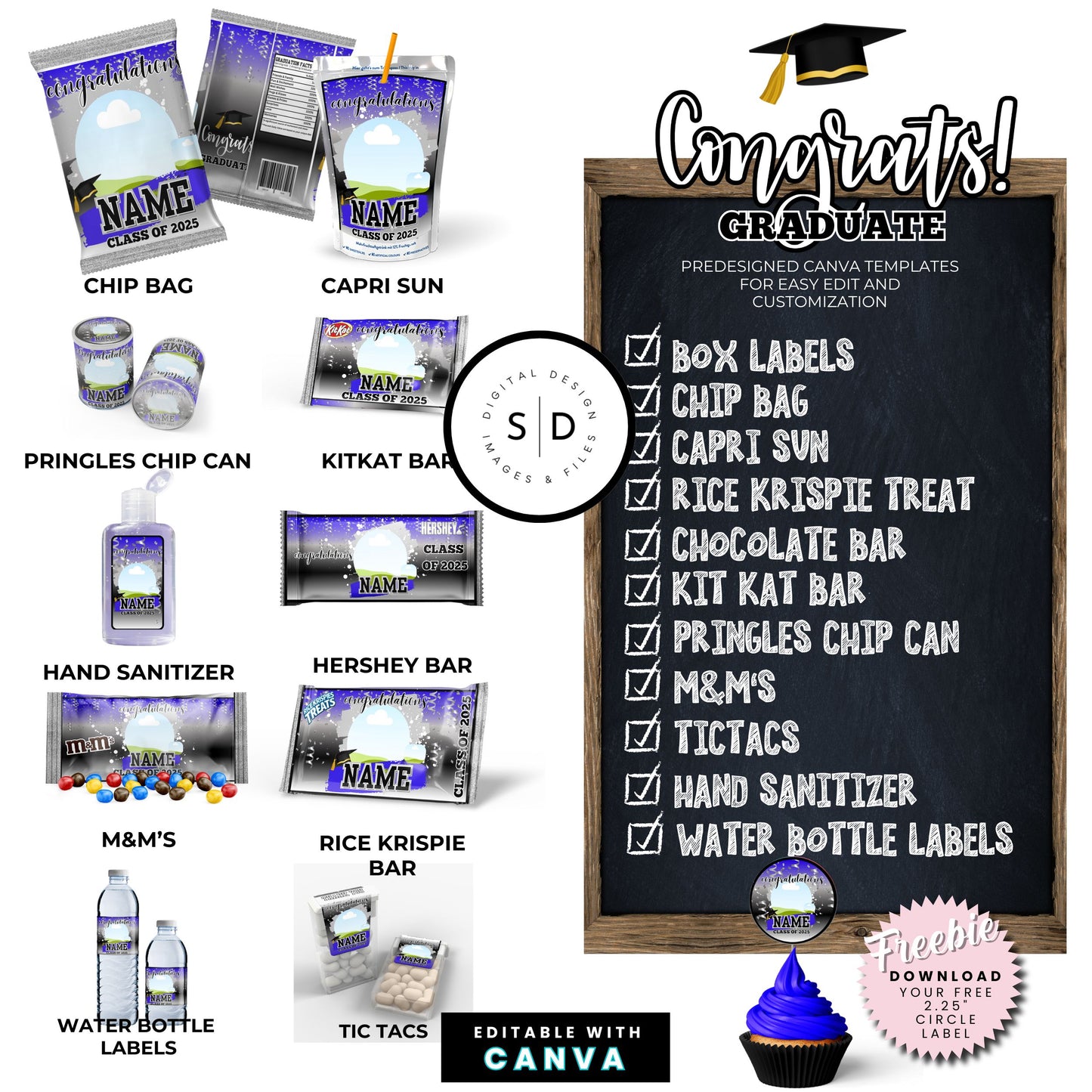 🎓 Class of 2025 Graduation Gift Box & Party Favor Canva Templates – Blue & Silver 🎉