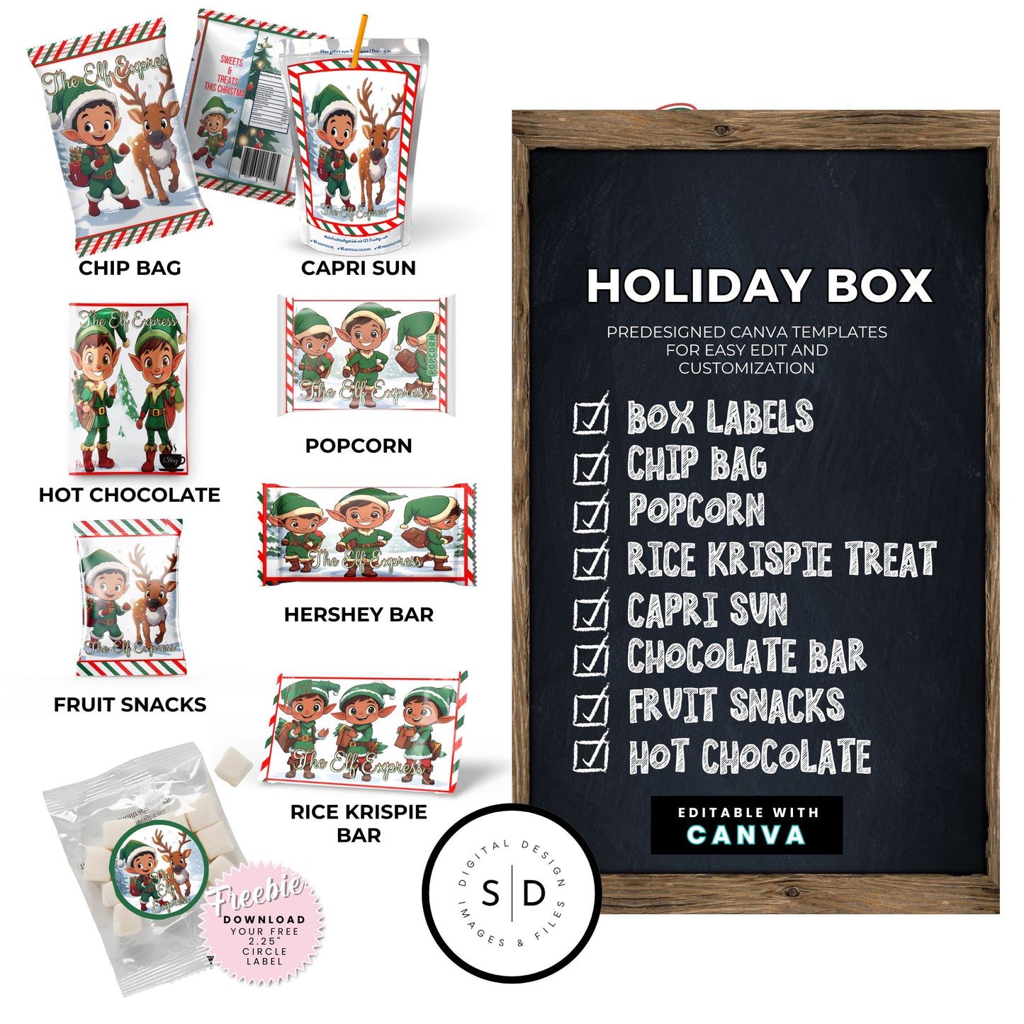 Elf Express Christmas Eve Gift Box Canva Template Bundle