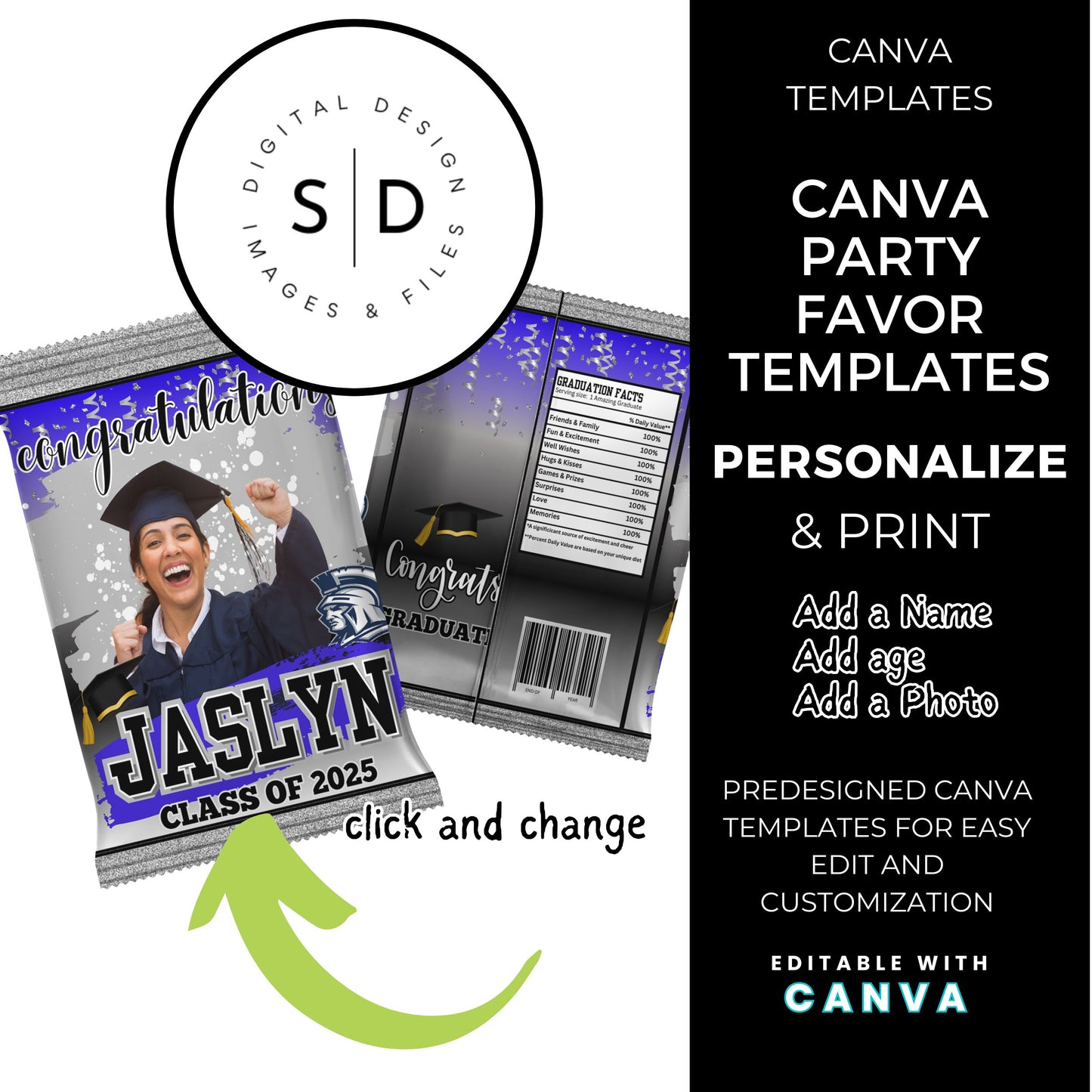 🎓 Class of 2025 Graduation Gift Box & Party Favor Canva Templates – Blue & Silver 🎉