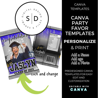 🎓 Class of 2025 Graduation Gift Box & Party Favor Canva Templates – Blue & Silver 🎉