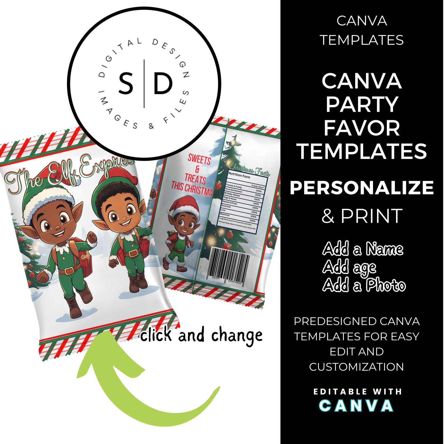 Elf Boy Express Christmas Eve Gift Box Canva Template Bundle