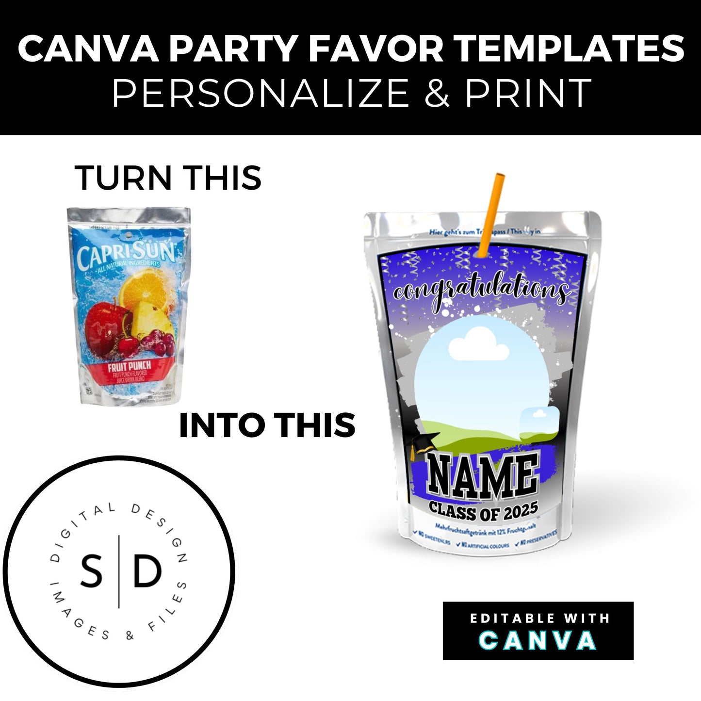 🎓 Class of 2025 Graduation Gift Box & Party Favor Canva Templates – Blue & Silver 🎉