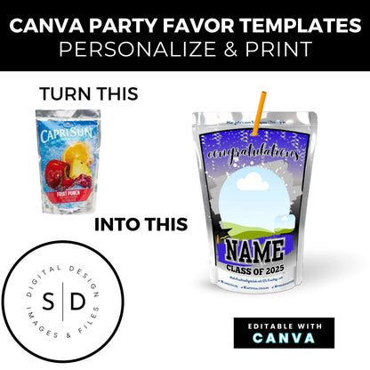 🎓 Class of 2025 Graduation Gift Box & Party Favor Canva Templates – Blue & Silver 🎉