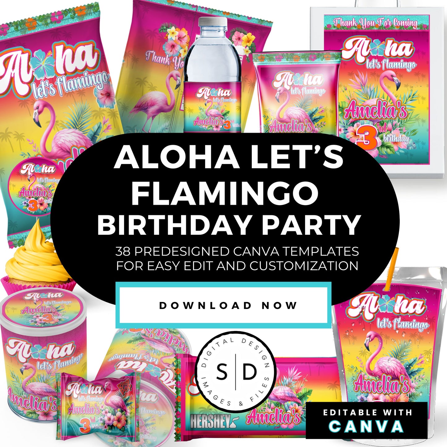 Aloha Let's Flamingo Birthday Party Favor Templates Bundle