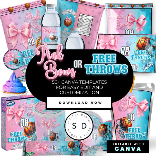 Pink Bows or Free Throws Gender Reveal Party Favor Canva Template Bundle